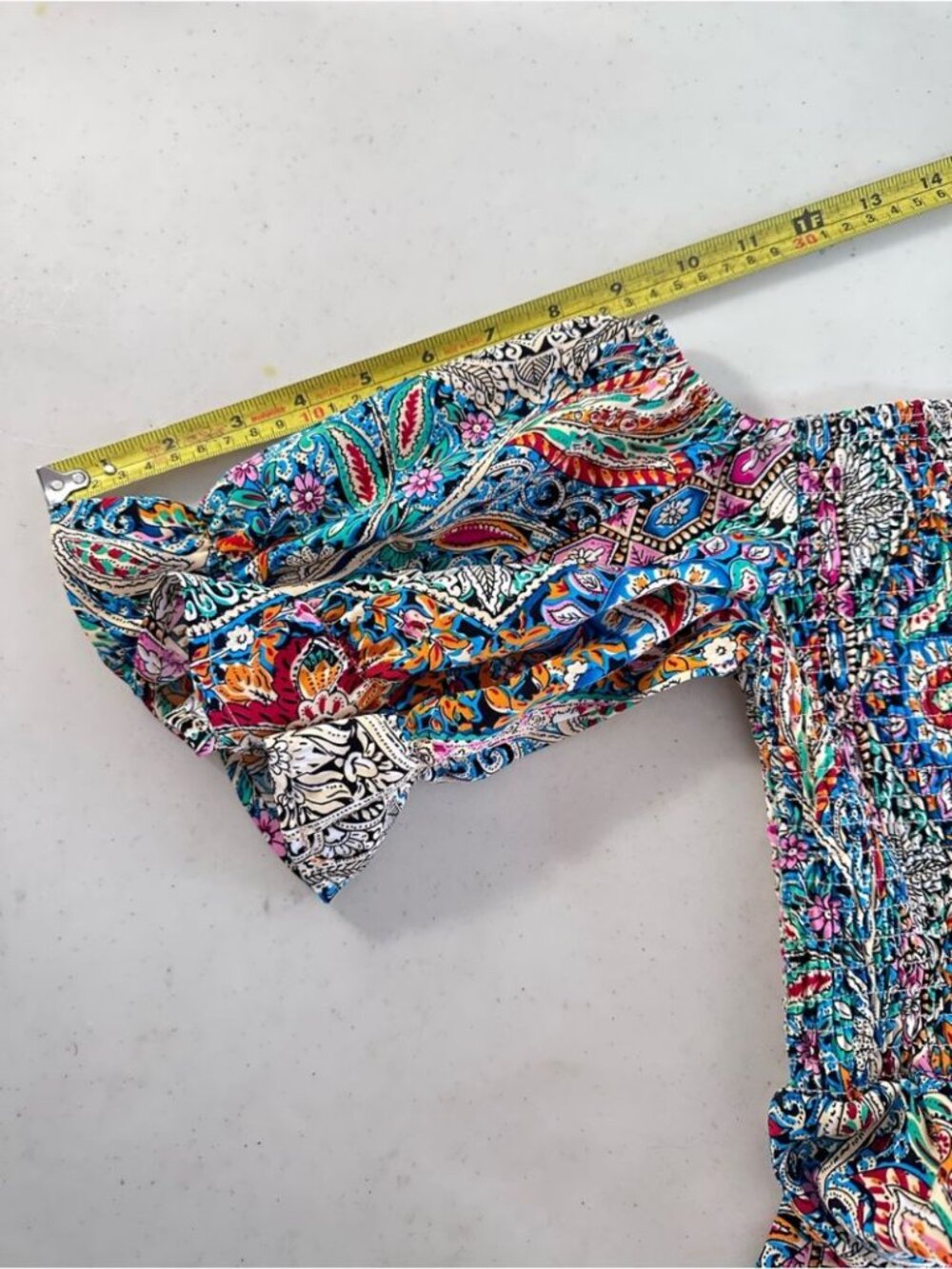 Bohemian Paisley Puff Sleeve Multi-Colour Summer Smocked Mini Dress - L - Picture 12 of 13